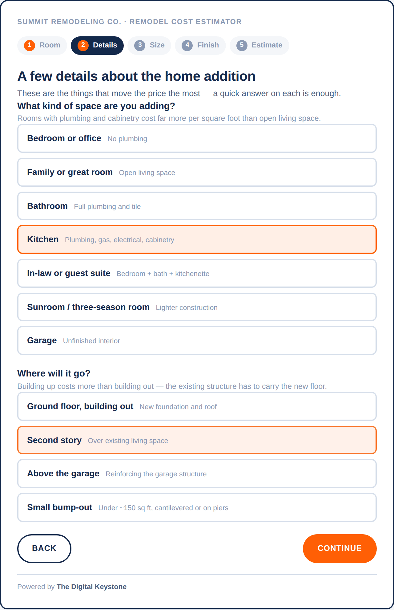 Remodel cost estimator follow-up questions for a home addition: what kind of space and where it goes