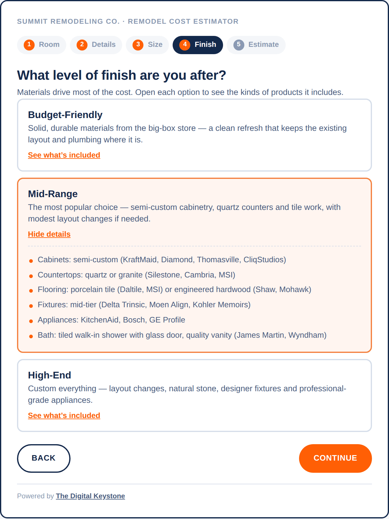 Remodel cost estimator finish-level step with example products for each tier