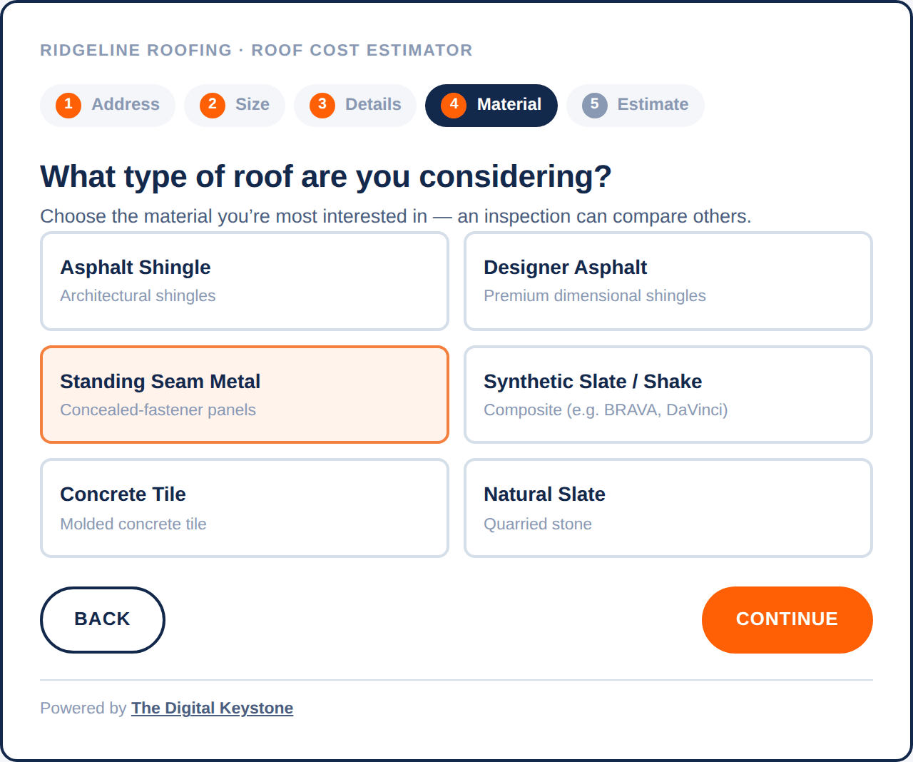 Roof cost estimator material choice: asphalt, designer asphalt, metal, synthetic slate, tile and slate