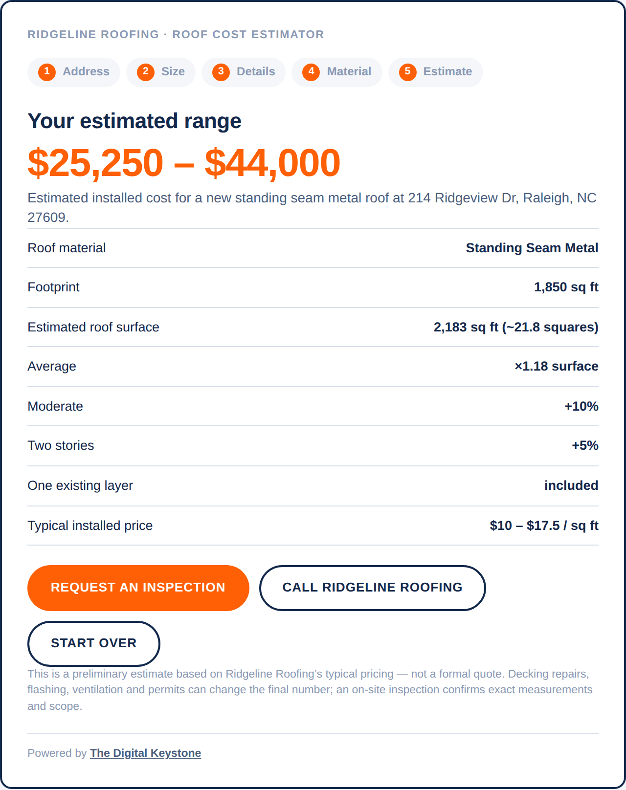 Roof cost estimator result screen showing an estimated range for a standing seam metal roof